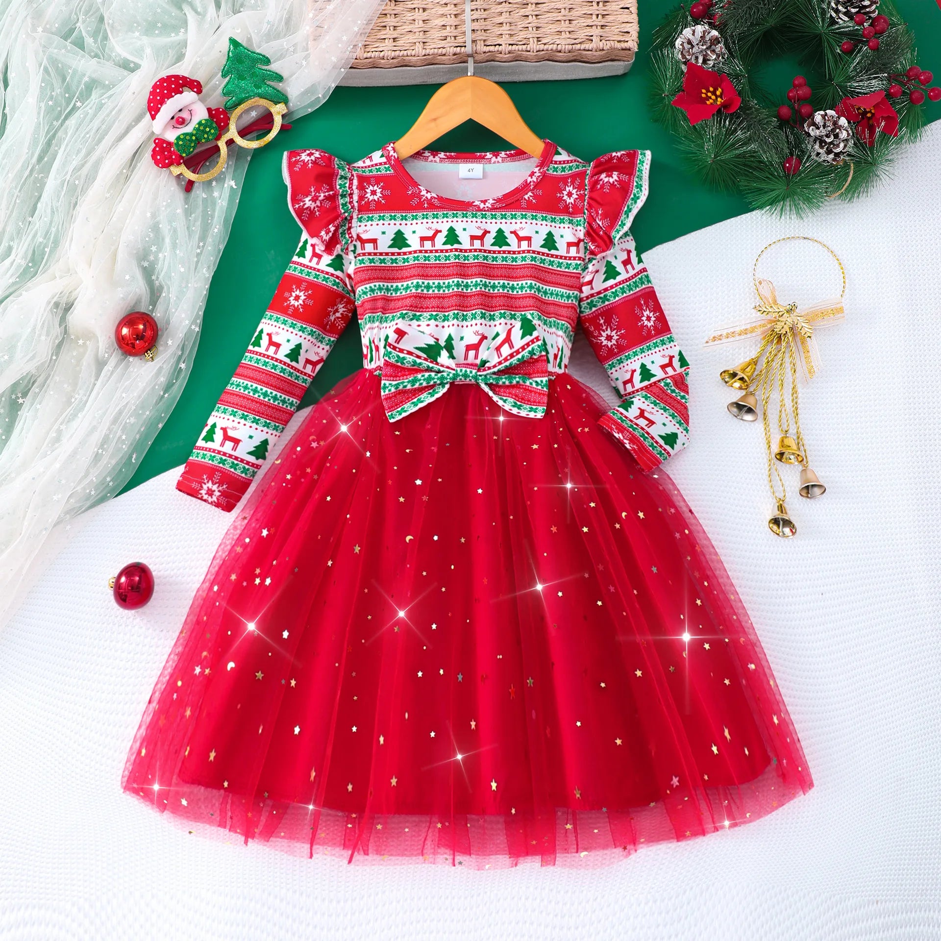 4-7Y Kids Christmas Dresses For Girls Bow Green Xmas Tree Hoodies Dress For New Year Kids Girl Evening Dress Festival Clothing