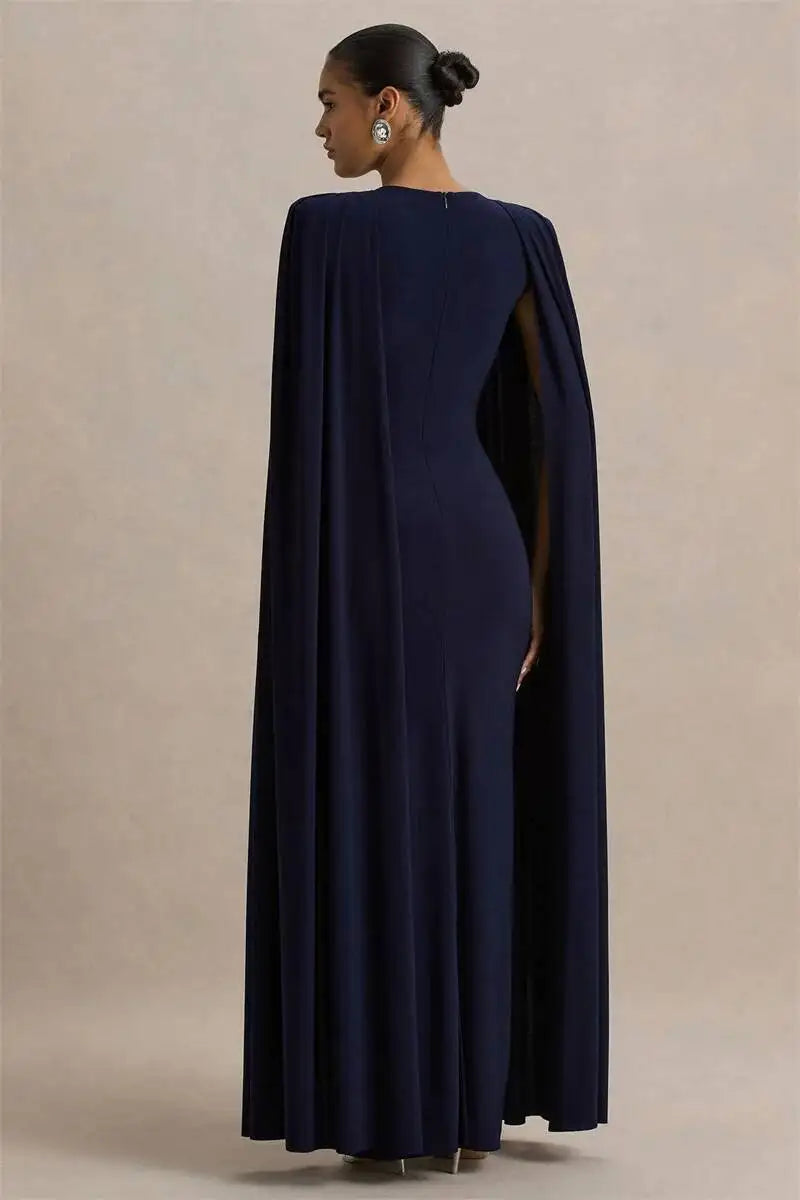 Blifanbo Sexy Cape Sleeve Maxi Dress Women Gown Fashion O Neck High Waist Split Zipper Club Party Long Dresses Female Elegant