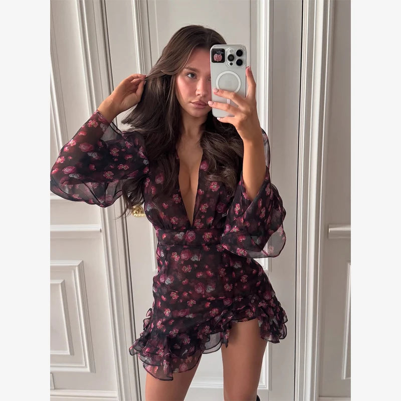 Sexy Flora Painted Ruffle Slim Dress Women Elegant Full Sleeves A-line Short Dresses 2026 Lady Summer Party Holiday Robes