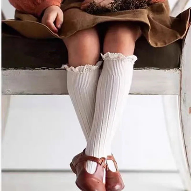 Ruffle Kids Knee High Socks Baby Girls Toddlers Long Soft Cotton Sock Lace Flower Children Princess Uniform Socks For 0-8Years