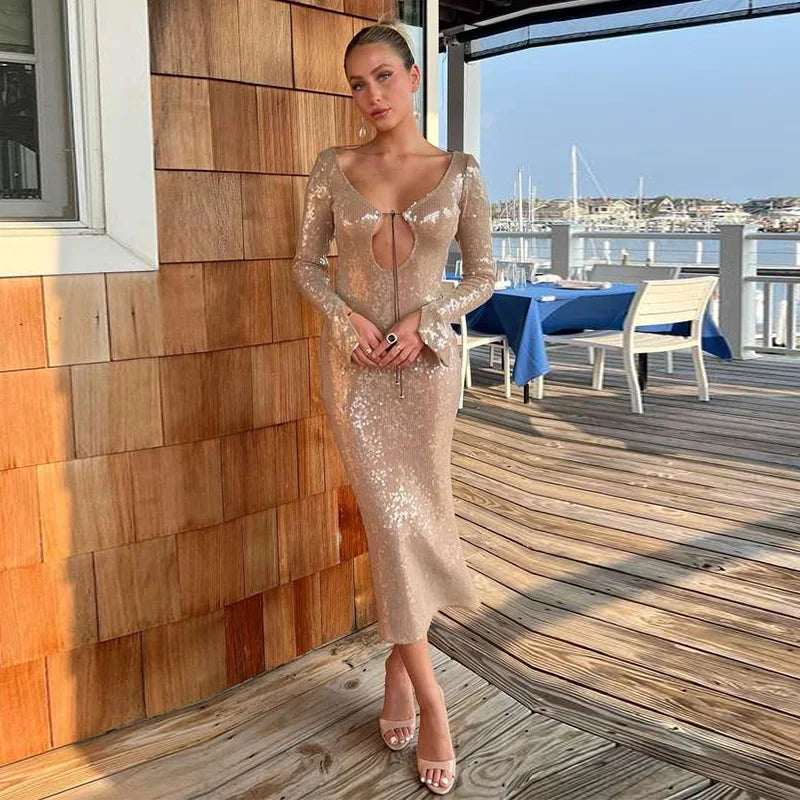 Sequin Lace Up Backless Long Dresses Deep V Flash Sparkling Sexy Long Sleeve Temperament Leakback Champagne Women Evening Dress