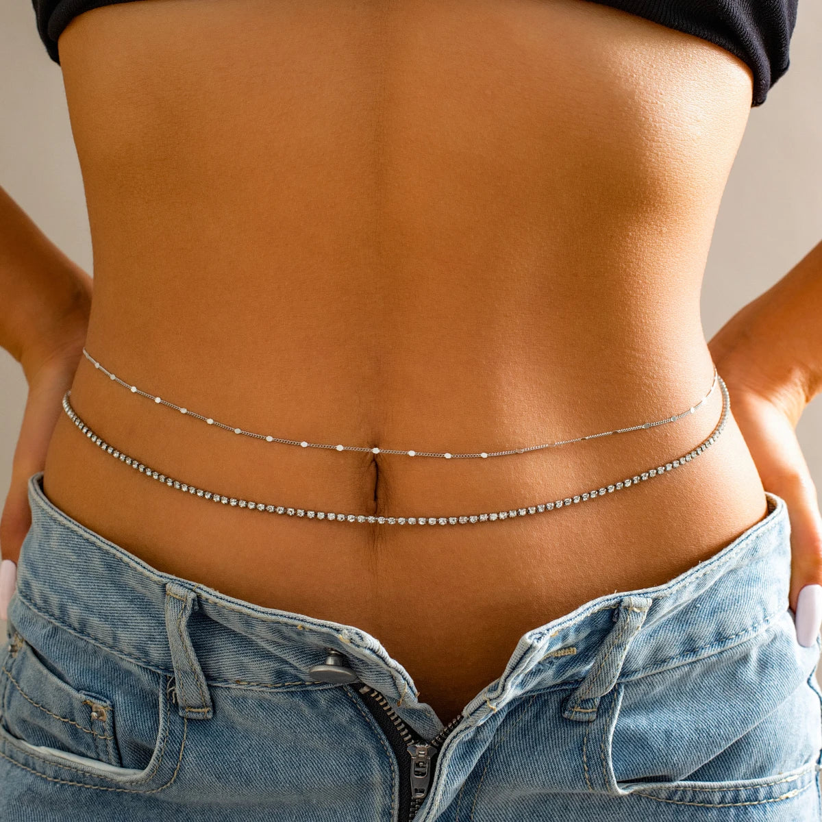 2Pcs/Set Simple Boho Smooth Snake Chain Waist Belt Sexy Lingerie Women Rhinestone Belly Body Jewelry Bikini Summer Accessories