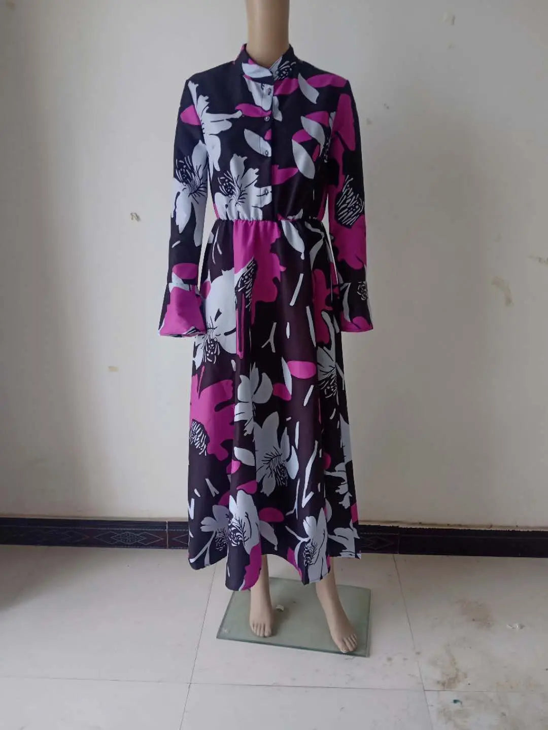 Retro Print Large Maxi Dress Women's Fashion Elegant Office Women's Long Dresses Spring Autumn Casual Long-sleeve Slim Vestidos