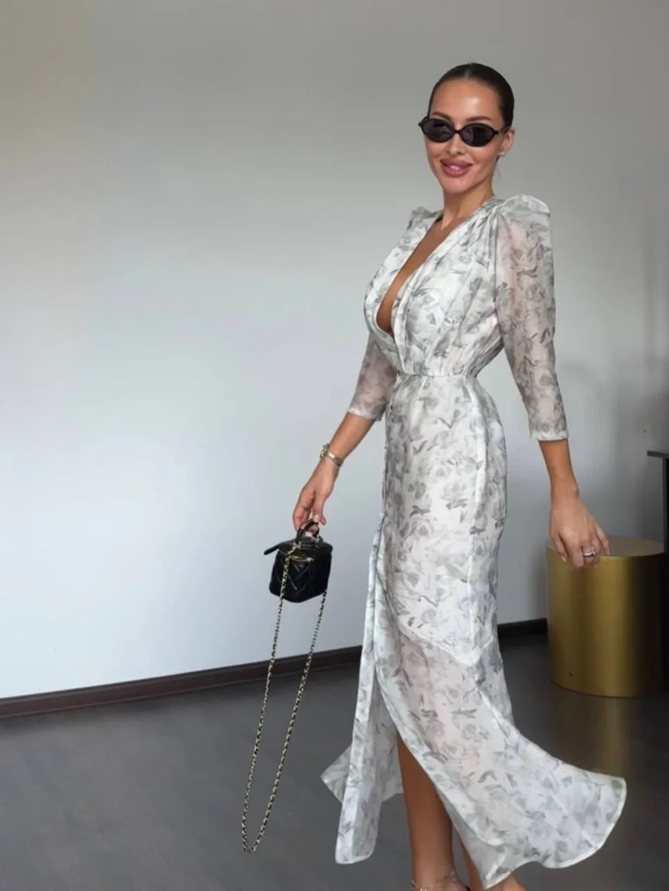 Floral Print Sheer Chiffon Dress Deep V-neck Single Breasted Split Bodycon Mermaid Gown 2026 Summer Chic Elegant Party Dresses