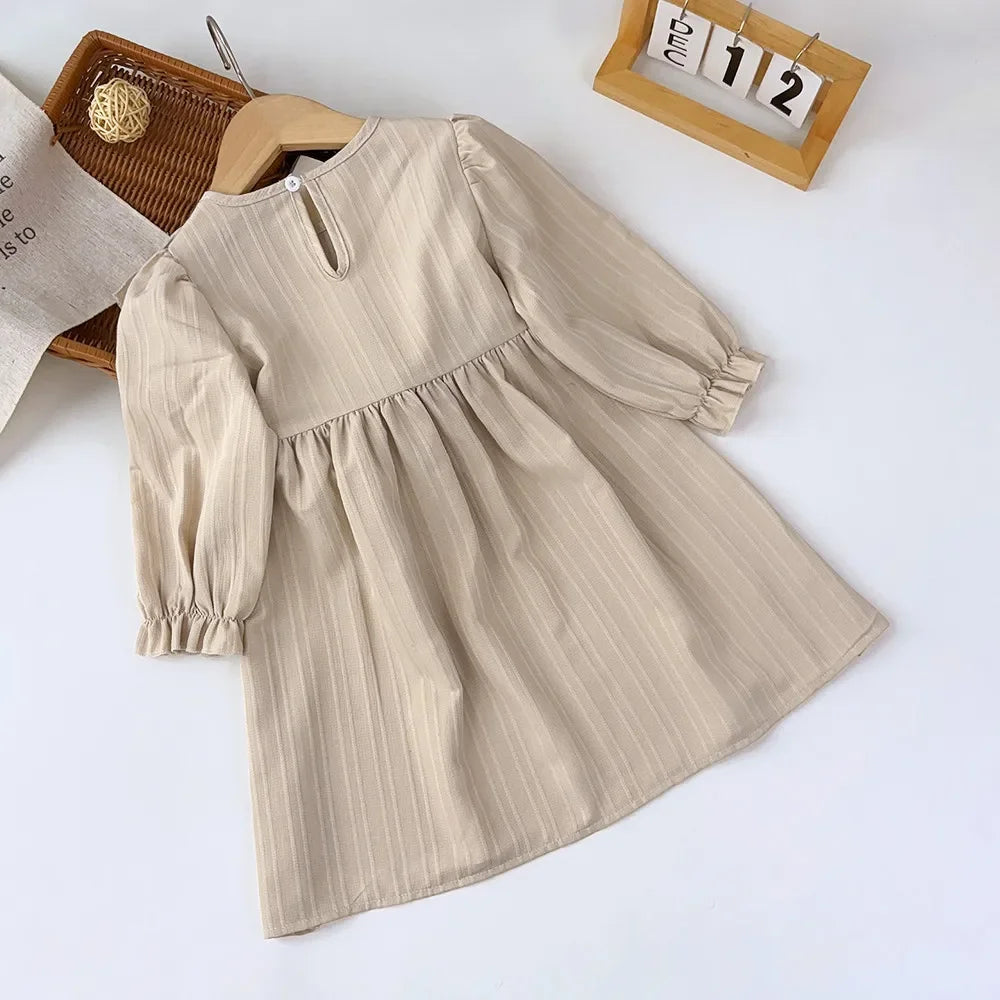 Autumn Kids Dresses for Girls Round Neck Long Sleeved Pleated Edge Solid Color Dress Kids Clothes Children's Daily Casual Wear