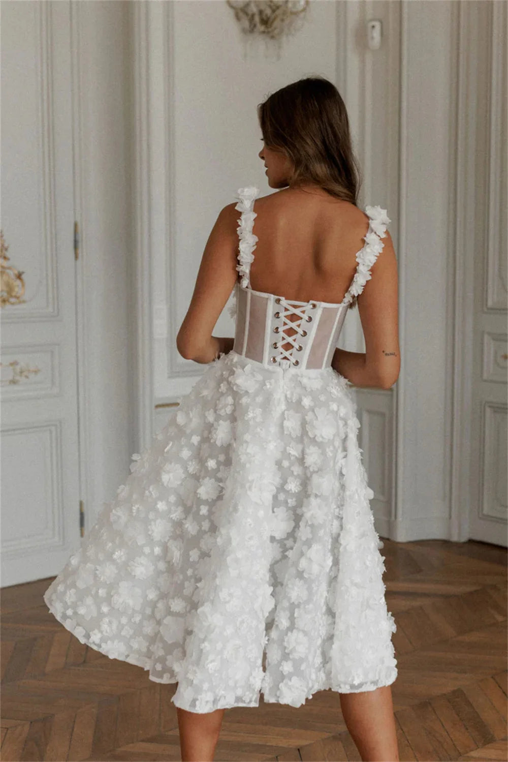 Amanda Lace Spaghetti Strap A-Line robes de soirée V Neck Knee-Length Evening Dresses Applique Valentines Day Wedding Dress