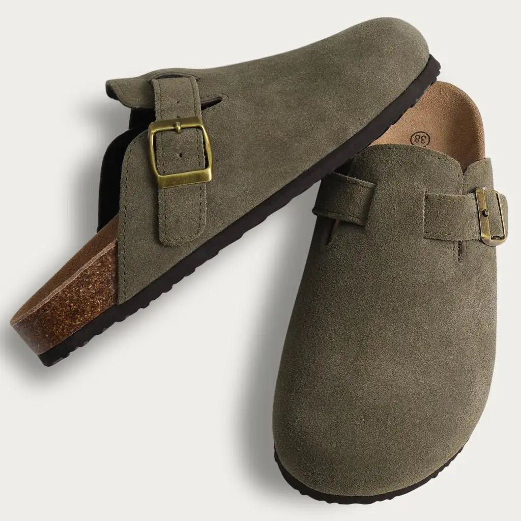 Comwarm Buckle Clogs For Women Men New Genuine Suede Clogs with Arch Support Soft Cork Footbed Mules Fashion Thick Beach Sandals