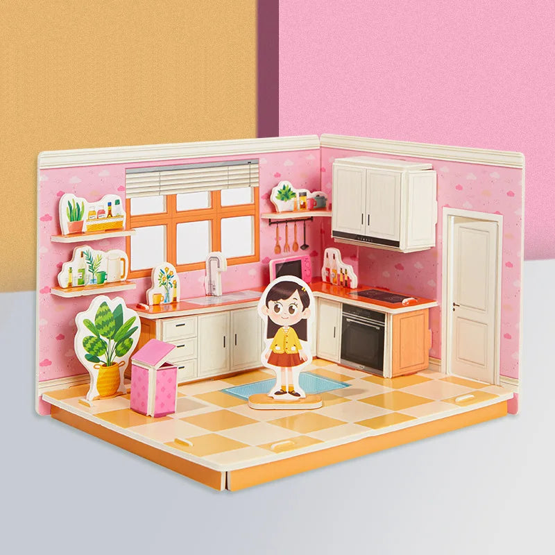 3D Stereo Puzzle Kitchen Bedroom Living Room Bathroom Model Handmade Craft DIY Educational Toys Gift for Children