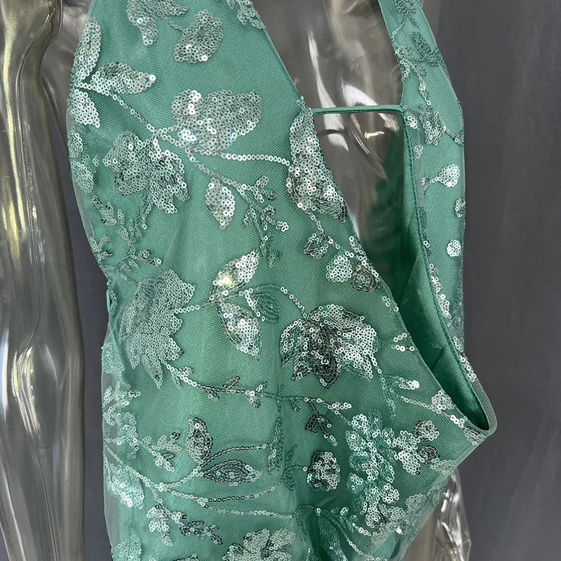 DGLUKE Green Sequin Top Women V-Neck Backless Crop Tops Summer Halter Neck Tank Top Camisole Sexy Glitter Shiny Club Party Tops