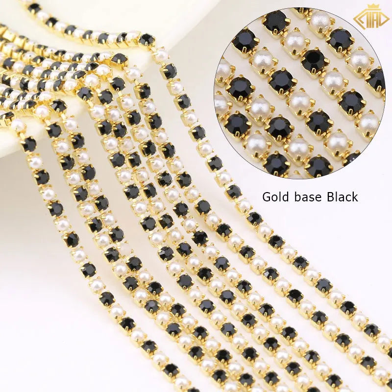 2Yards Pearl Rhinestones Copper Chain Silver/Gold Base Crystal Strass Gems Trim For DIY Sewing Clothes Dresses Accessories