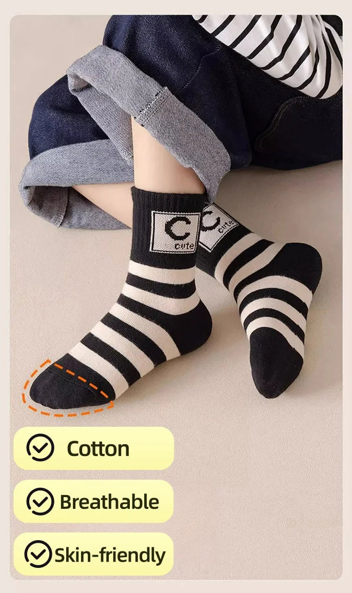 5 pairs Spring Socks Kids Cotton Socks Mid Calf Socks Striped Letter Pattern Children Sporty Socks Boys Socks
