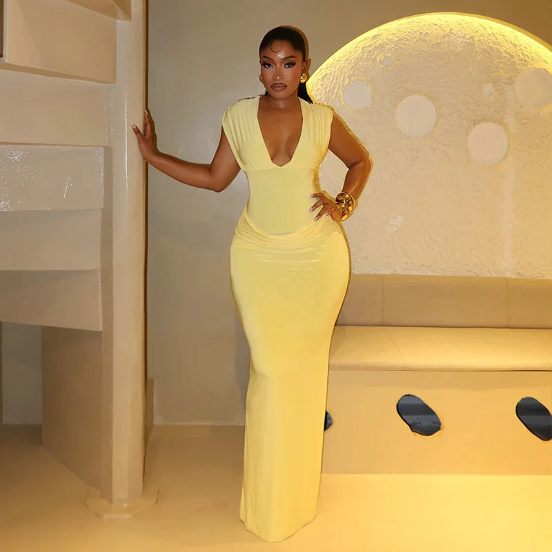 CHNMR Sexy Ruched Bodycon Maxi Dress Women Solid Sleeveless V-Neck Slim Long Dresses Female Party Evening Clubwaer Evening 2026