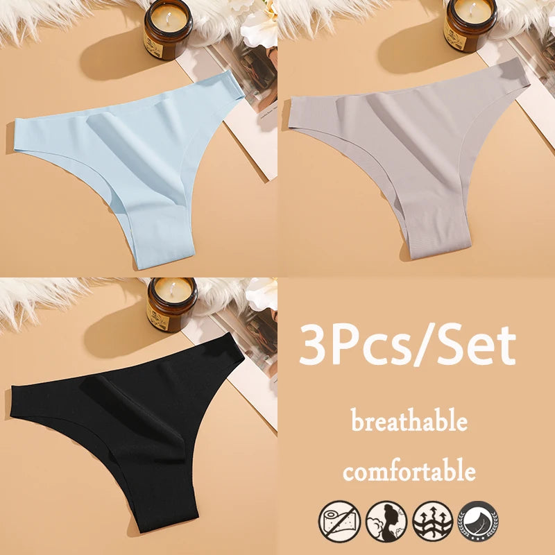 3Pcs/Set Ice Silk Seamless Underwear For Women Low Waisted Brazilian Pants Breathable High Elasticity Lingerie Intimates Panties