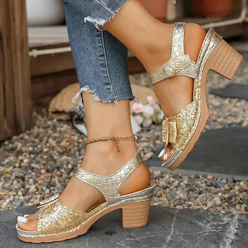 Women's Shiny Sequin Gold High Heels Sandals 2025 Summer Ankle Buckle Beach Sandals Woman Plus Size 43 Light Gladiator Shoes