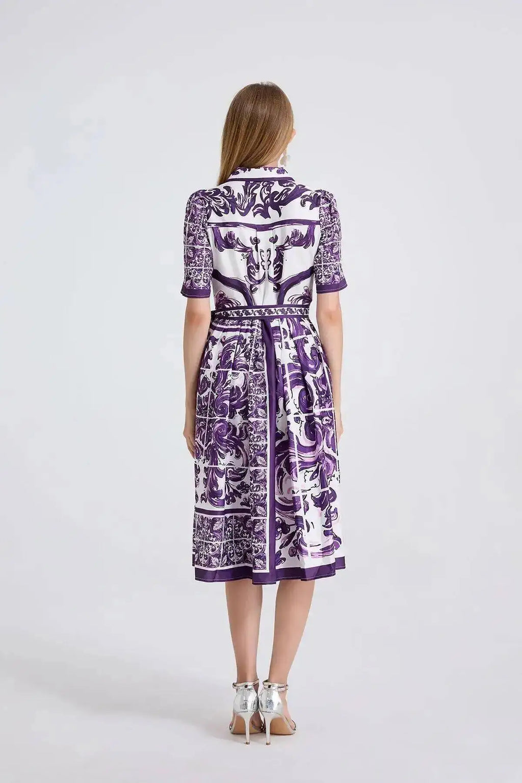 Fashion Summer Floral Long Dress Women Purple Porcelain Print Midi Dresses Shirt Single Breasted Office Lady Work Holiday Runway