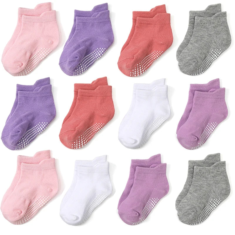 12 pairs  solid color dot glue anti-slip socks for toddlers, suitable for little girls and boys, infants, toddlers and children