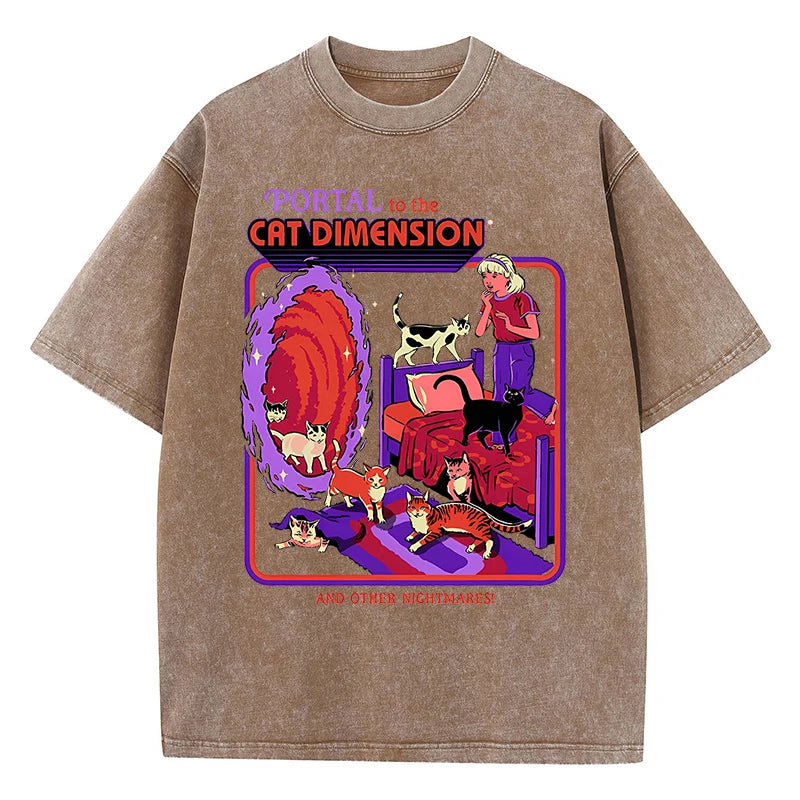 Portal To The Cat Dimension Washed Retro Men Clothes Fashion Summer T-Shirts Streetwear Cotton Loose Tops Breathable Tee Couple