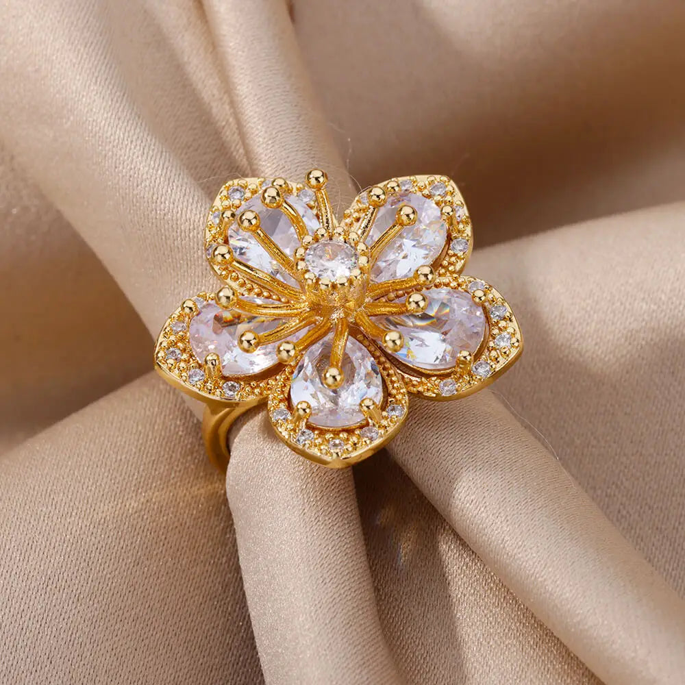Colorful Zircon Flower Rings For Women Gold Color Stainless Steel Floral Ring Elegant Luxury Wedding Aesthetic Jewelry Gift