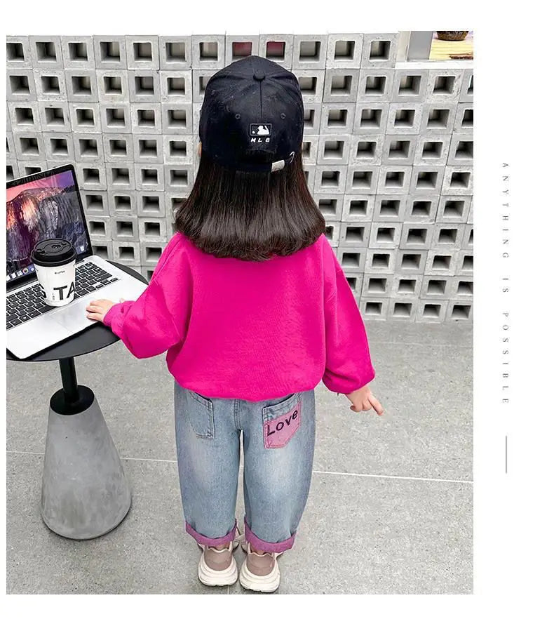 Girls Ripped Jeans Spring Autumn New Children Aging Denim Pants Fashion 2-10Y Kid's Straight Pants Cute Letter Trouser