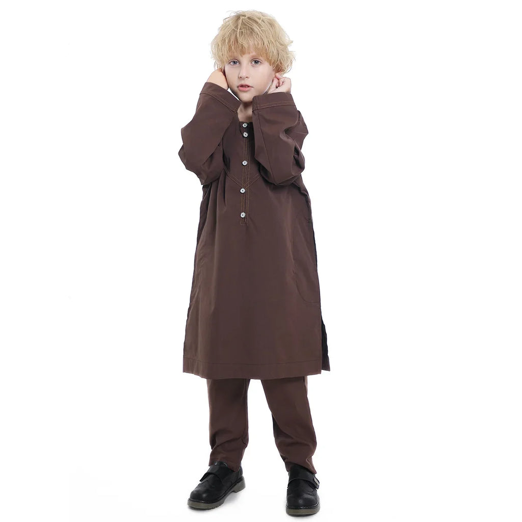Muslim Children Robe 2 Pieces Set Kids Boy Round Neck Long Sleeve Printed Dress Shirt Abaya Kaftan Jubba Thobe Islamic Clothing