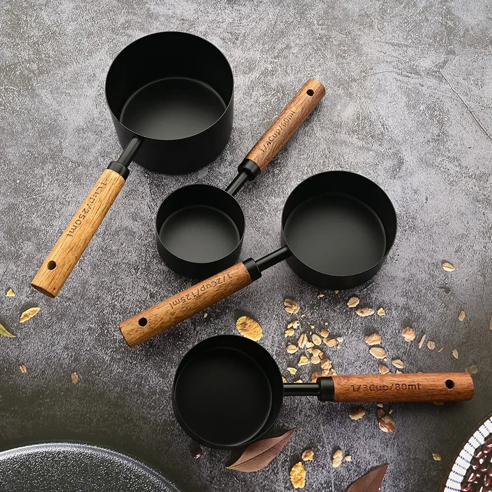 1/4/8pcs Stainless Steel Measuring Spoons With Scale Wooden Handle Household Kitchen Dining Bar Baking Tools Measuring Cups