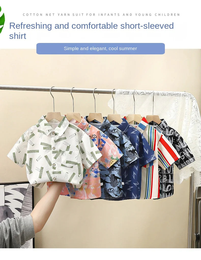 90-170cm Children Girl Short sleeved Shirts Summer Boys Summer Clothes Thin Baby Shirts  Cotton Tops 2023 New Korean Version
