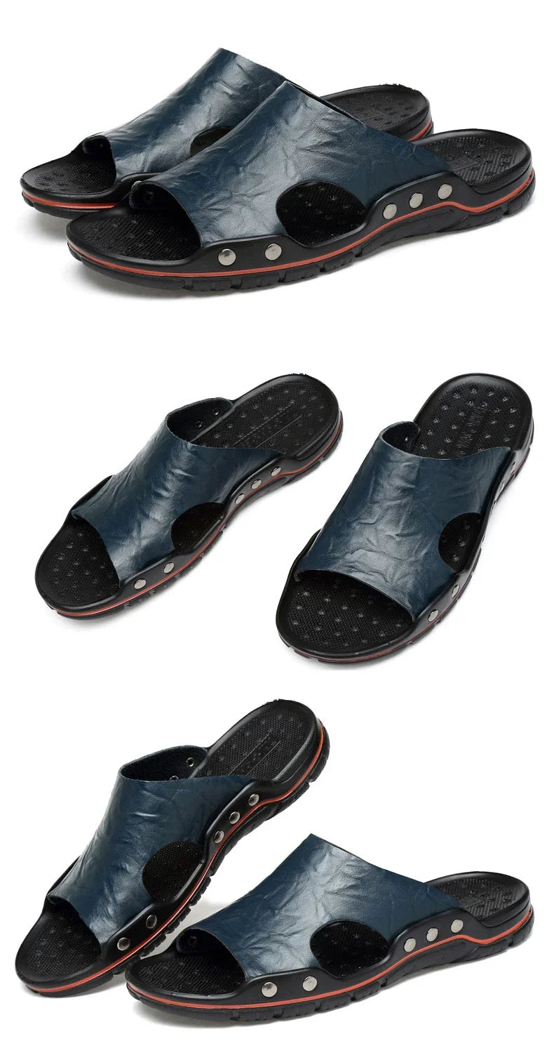 New Summer Slippers Men Sandals Soft Outdoor Slides High Quality Genuine Leather Comfortable Beach Sandals Outdoor Men Shoes