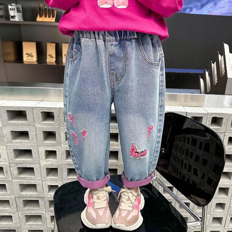 Girls Ripped Jeans Spring Autumn New Children Aging Denim Pants Fashion 2-10Y Kid's Straight Pants Cute Letter Trouser