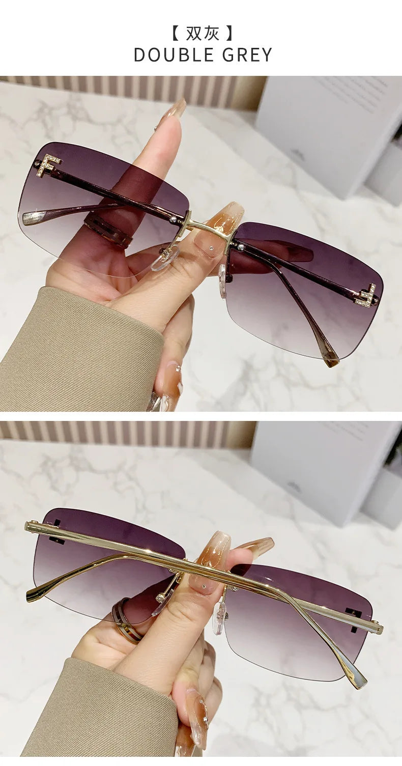 Ruiao rimless sunglasses UV400 fashion square metal glasses for women luxury brand designer diamond y2k small face sun glasses