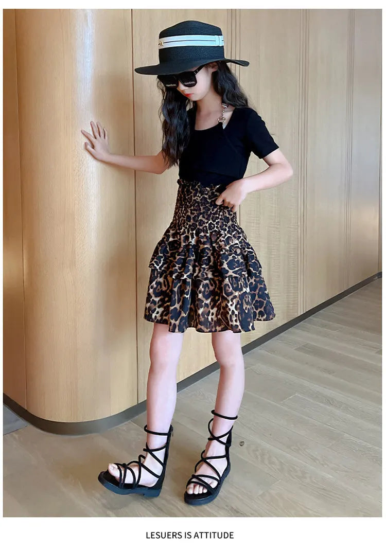 Summer Young Girls Clothes Two Ways To Wear Leopard Print Skirt One-Piece Tube Dress Fashion Children Streetwear Strapless Dress