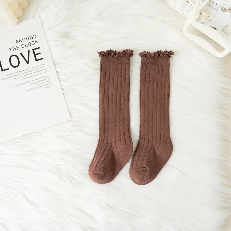 Ruffle Kids Knee High Socks Baby Girls Toddlers Long Soft Cotton Sock Lace Flower Children Princess Uniform Socks For 0-8Years