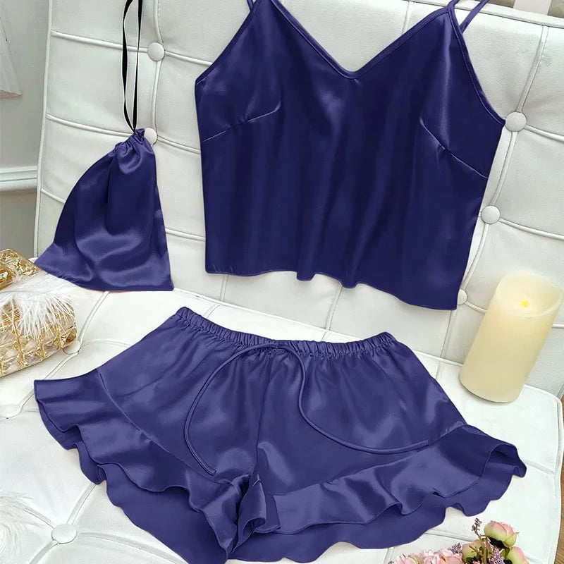Fashion Sexy Underwear Set Women's 2 Pieces Sleepwear Pyjamas Silk Satin Bellyband Cami Top and Shorts Pajamas for Women Pijamas