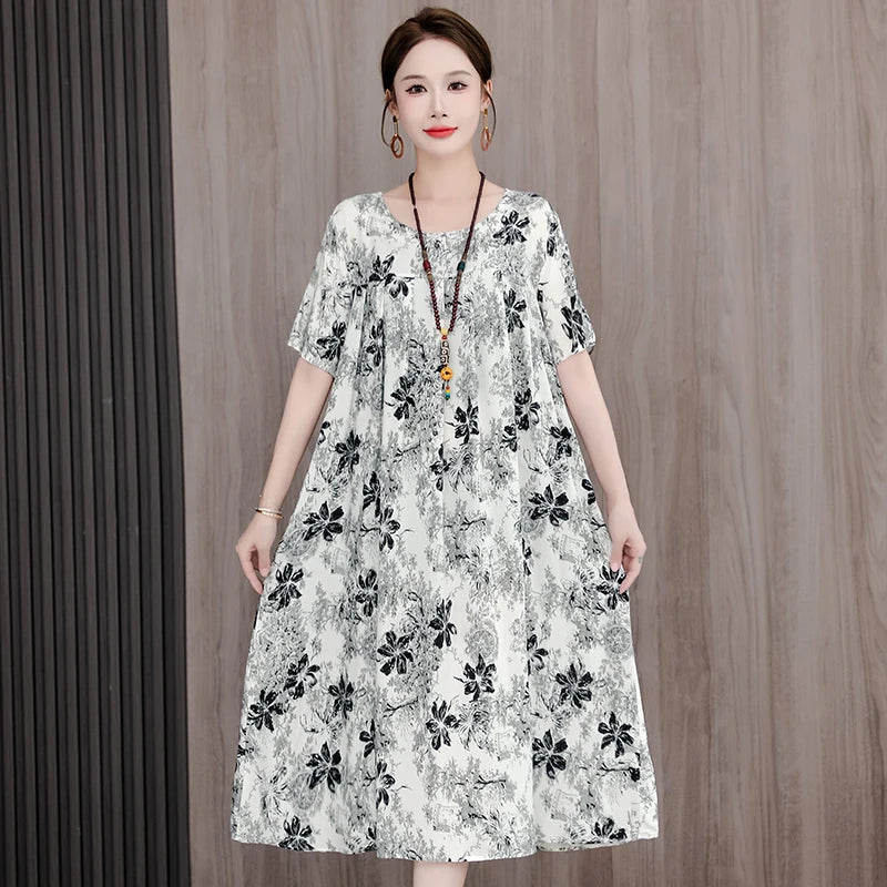 New Casual Fashion 2025 Summer Dress For Women Floral Printing Short Sleeve Elegant Vintage O-Neck Dresses Women Clothing