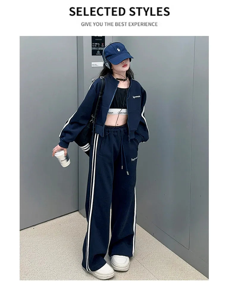 2026 autumn girls Clothes Children Suit Teenager zipped jacket Narrow crop top + wide leg high waist pants 4 5 8 10 11 12 year