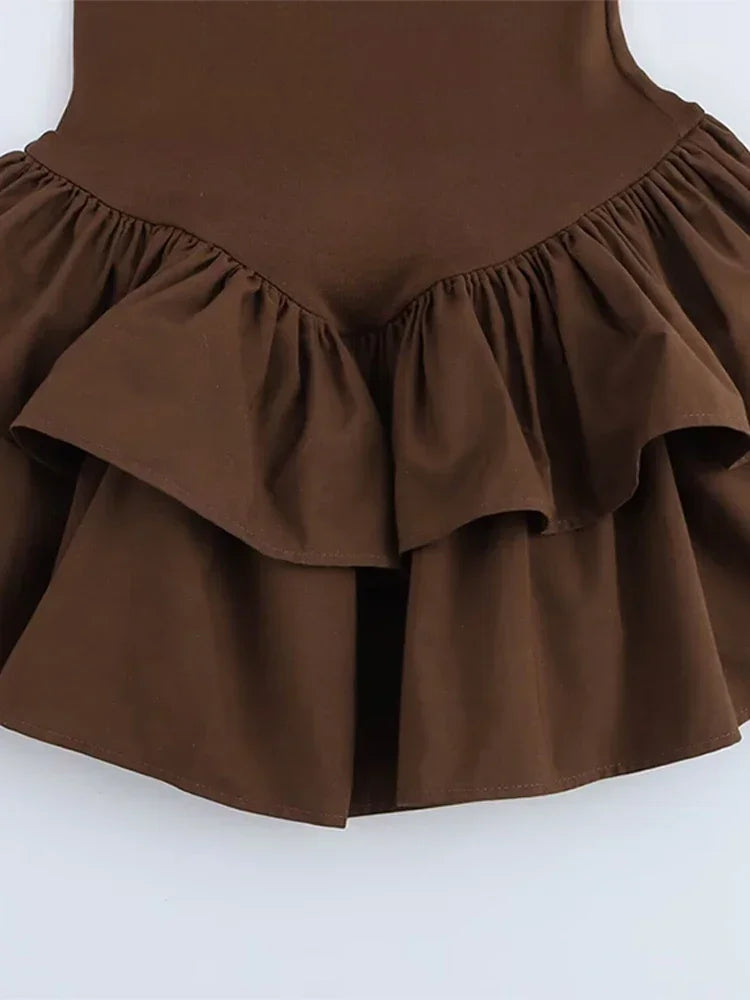 Ruffled Hem Solid Women Dresses Elegant Long Sleeve High Waist O-neck Lady Mini Dress 2025 Spring Chic Street Party Female Robes