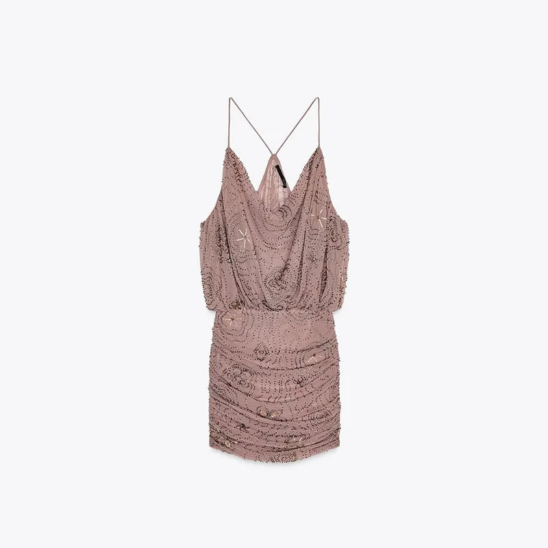 Sexy Beading Sequined Sling Long Dress Women Loose Solid V-neck Sleeveless Ruffled Shiny Dresses 2025 Summer Lady Evening Robes
