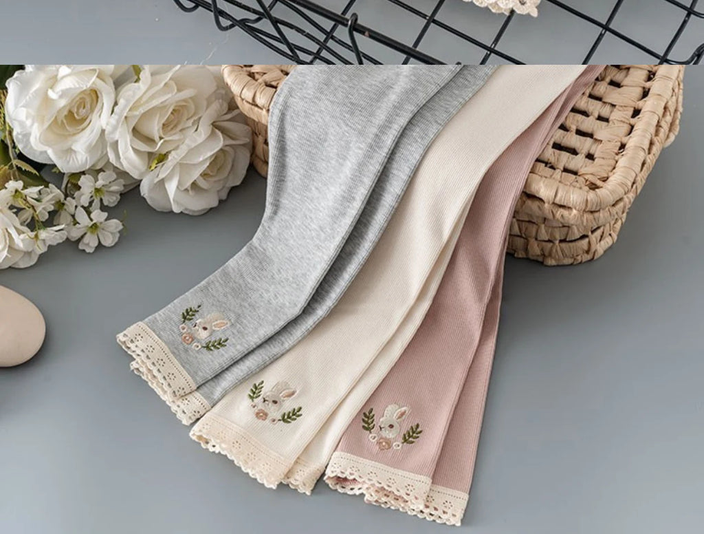 Kids Girls Spring Fall Bottom Legging Solid Elastic Waist Soft Rabbit Embroidery Pattern Pants 2-6Y Children Bottom Trouser