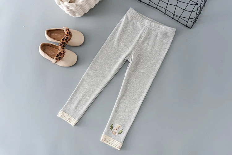 Kids Girls Spring Fall Bottom Legging Solid Elastic Waist Soft Rabbit Embroidery Pattern Pants 2-6Y Children Bottom Trouser