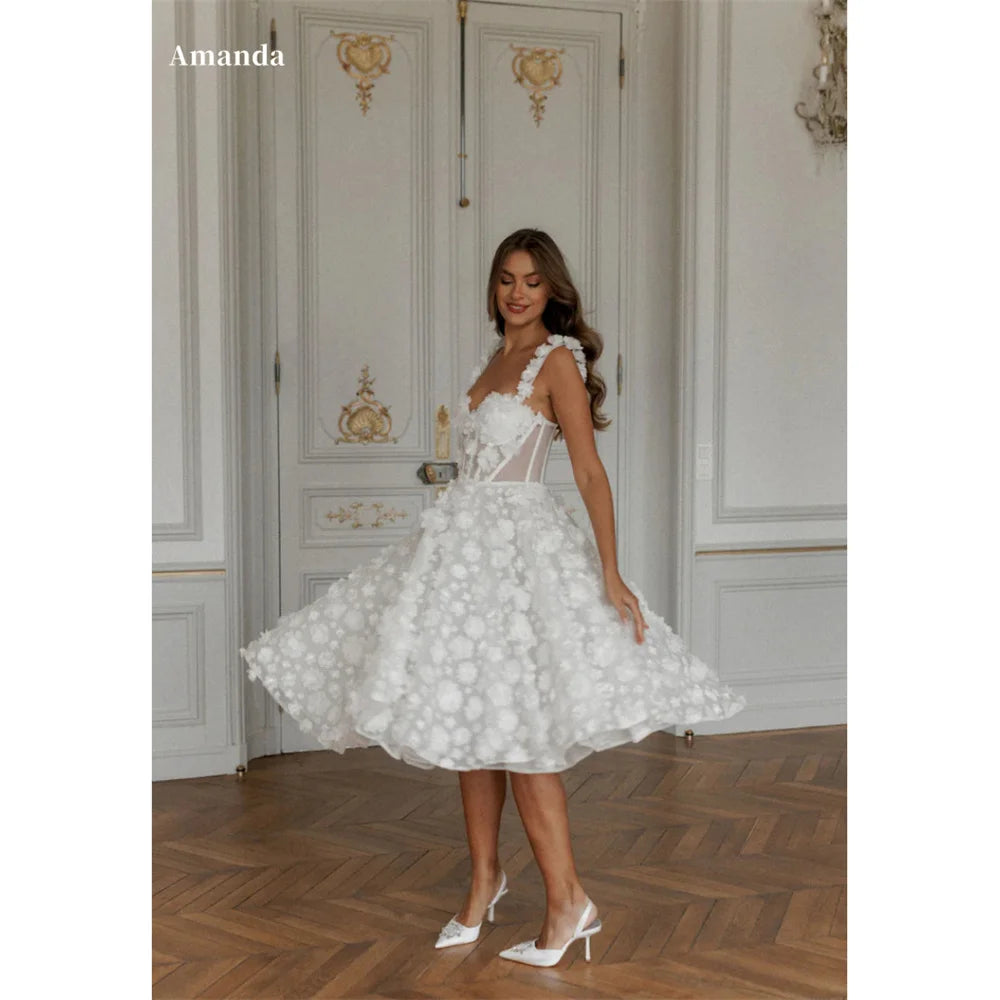 Amanda Lace Spaghetti Strap A-Line robes de soirée V Neck Knee-Length Evening Dresses Applique Valentines Day Wedding Dress