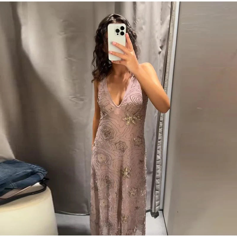 Sexy Beading Sequined Sling Long Dress Women Loose Solid V-neck Sleeveless Ruffled Shiny Dresses 2025 Summer Lady Evening Robes