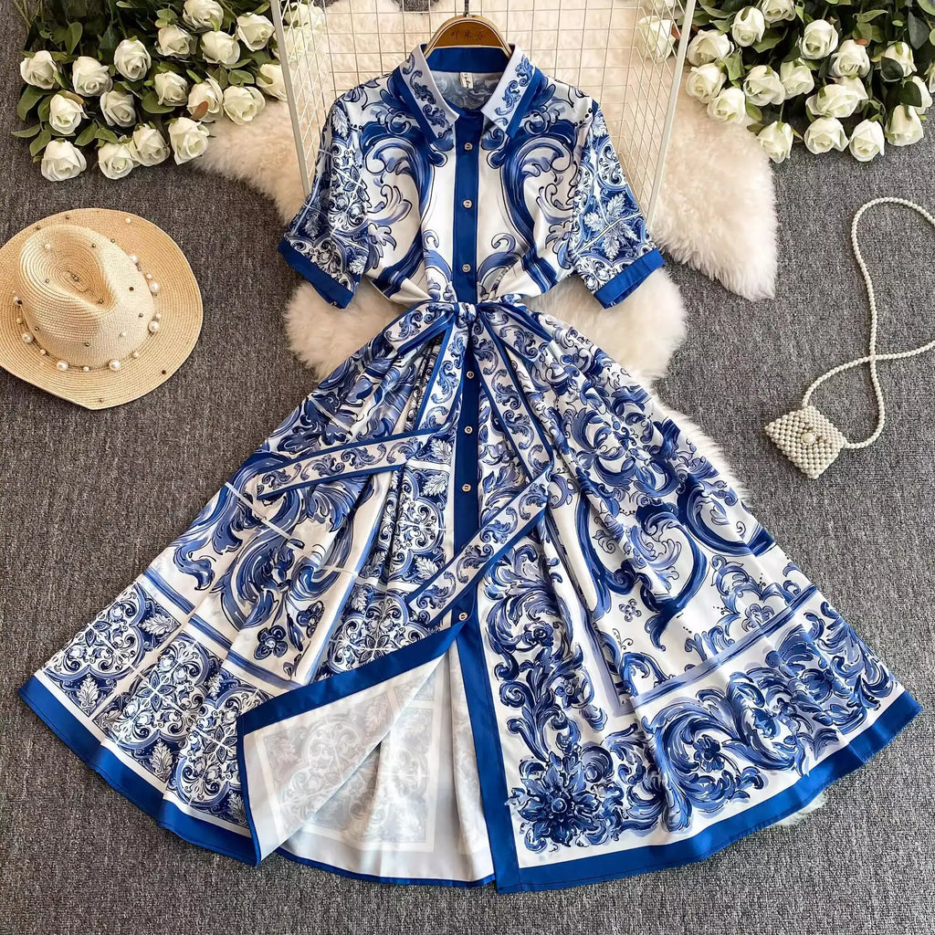 Fashion Summer Floral Long Dress Women Purple Porcelain Print Midi Dresses Shirt Single Breasted Office Lady Work Holiday Runway