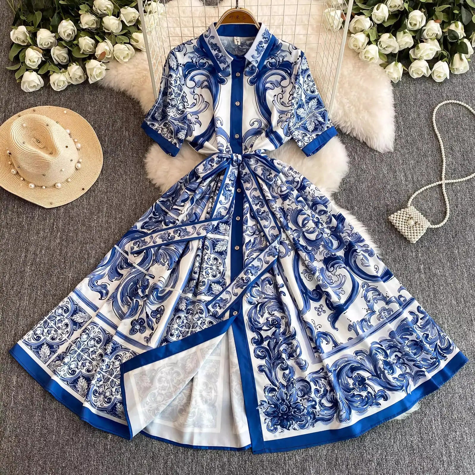 Fashion Summer Floral Long Dress Women Purple Porcelain Print Midi Dresses Shirt Single Breasted Office Lady Work Holiday Runway