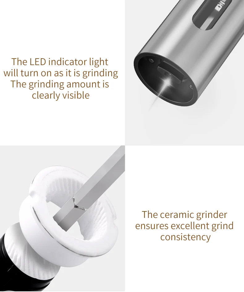 USB Rechargeable Automatic Pepper Grinder Salt And Pepper Mill Adjustable Coarseness Spice Grinder with LED Light for Kitchen
