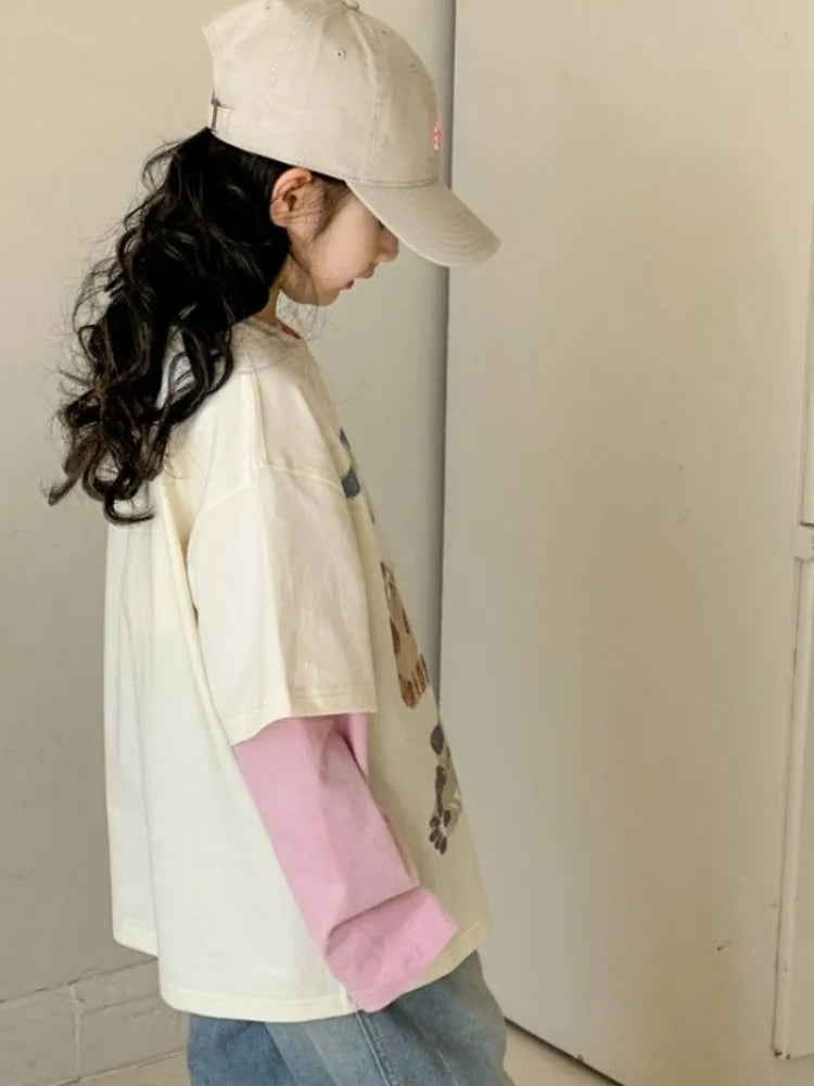 Fake Two Piece Outdoor Clothes for Children Girl From 5 6 Years Kids Girls 8 10 Children's Clothing 7 12 T-shirts Shirt Fashion