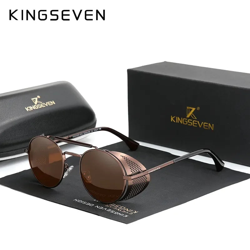 KINGSEVEN Brand Classic Gothic Steampunk Sunglasses Polarized Men  Vintage Round Metal Frame Sun Glasses Eyewear
