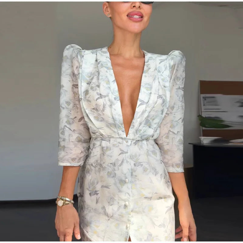Floral Print Sheer Chiffon Dress Deep V-neck Single Breasted Split Bodycon Mermaid Gown 2026 Summer Chic Elegant Party Dresses