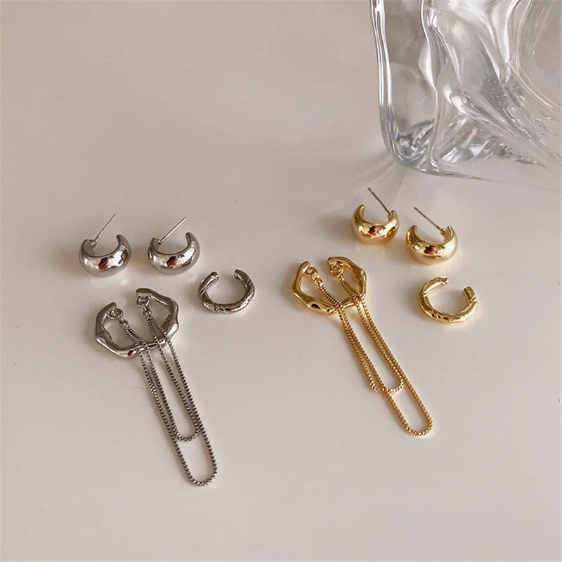 4PCS/SET New Design Gold Silver Color Metal Geometric Irregular Tassel Chain Clip Earrings for Women Non Pierced Ear Cuff 2023