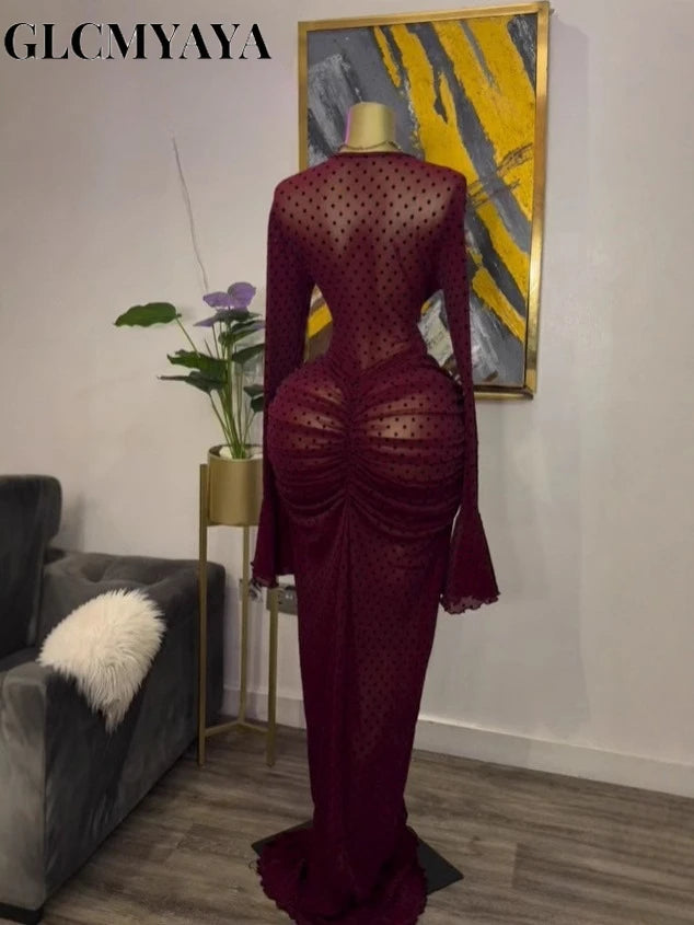 CM.YAYA Women Flare Long Sleeve Stacked Dot Mesh See Though with Lining Maxi Long Dress 2025 Evening Birthday Sexy Party Dresses