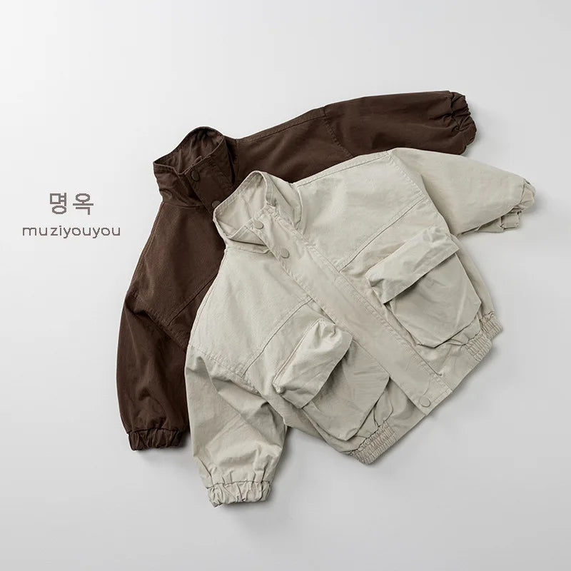2026 Autumn New Children Casual Coat Girls Zipper Jacket Solid Baby Loose Outerwear Cotton Boys Work Coat Kids Clothes