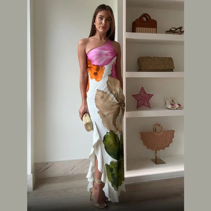 Sexy Flora Painted Ruffle Slim Dress Women Elegant Full Sleeves A-line Short Dresses 2026 Lady Summer Party Holiday Robes
